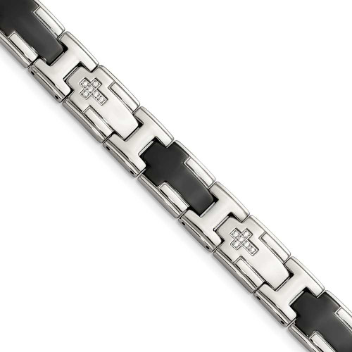 Image of Mens 8.5" Stainless Steel Polished Black Plated with CZ Cross Bracelet