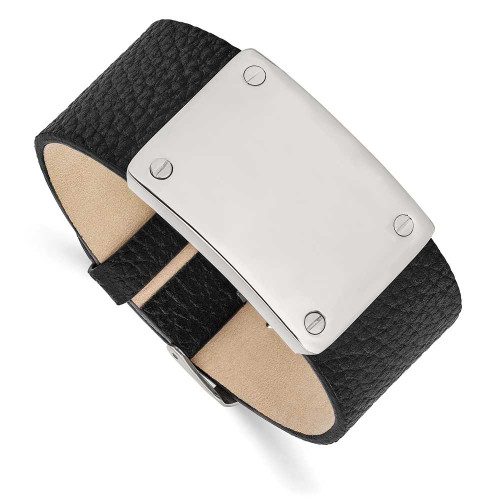 Image of Mens 8.5" Stainless Steel Polished Leather Bracelet