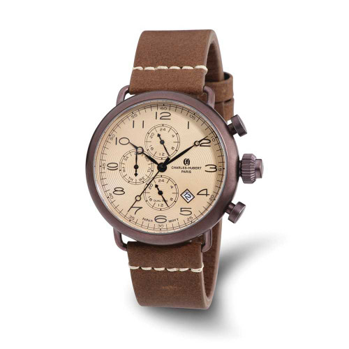 Image of Mens Charles Hubert IP Brown Leather Band 46mm Dual Time Watch