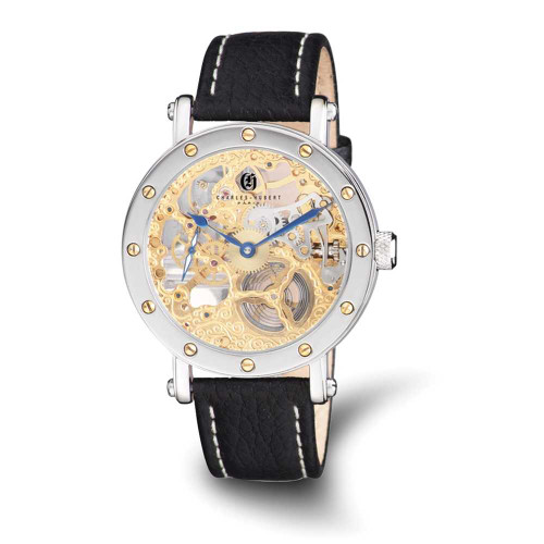 Image of Mens Charles Hubert Leather Band Gold-tone Skeleton Dial Handwind Watch