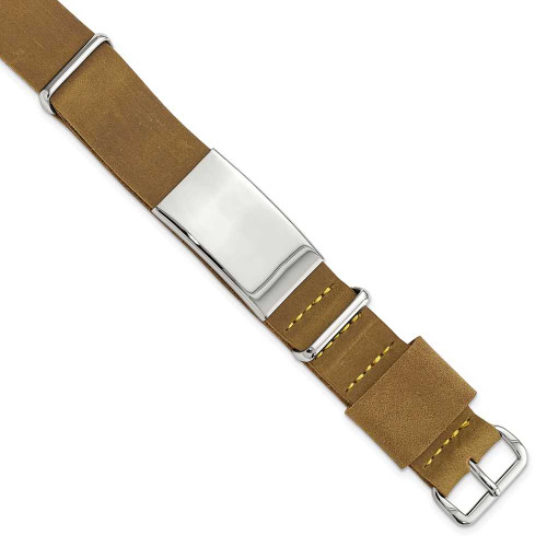 Image of Mens Stainless Steel Polished Brown Leather Adjustable ID Bracelet