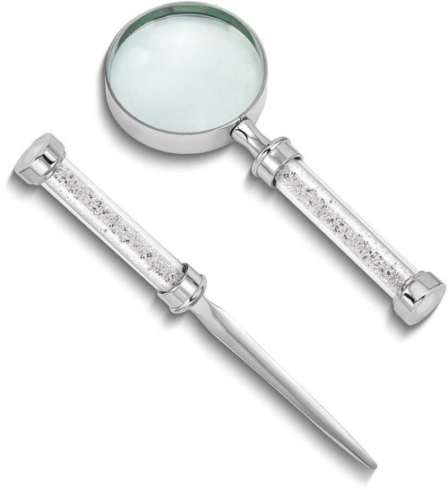 Image of Nickel-plated Stainless Steel w/Crystal-filled Handle Opener/Magnifier Set (Gifts)
