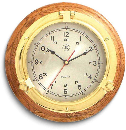 Image of Oak Wood Lacquered Brass Porthole Quartz Clock (Gifts)