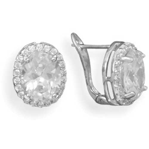 Image of Rhodium Plated Oval CZ Post Clip Earrings 925 Sterling Silver
