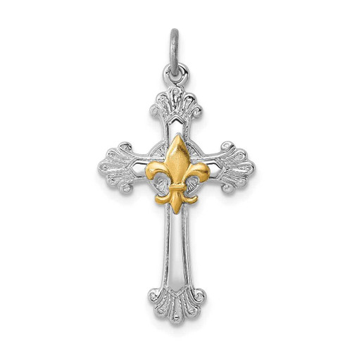 Image of Rhodium-Plated & Yellow-Finish Sterling Silver Cross & Fleur De Lis Pendant