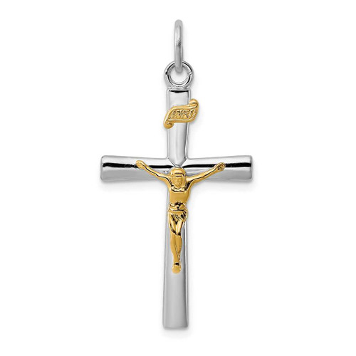 Image of Rhodium-Plated & Yellow-Finish Sterling Silver Inri Crucifix Charm QC3387