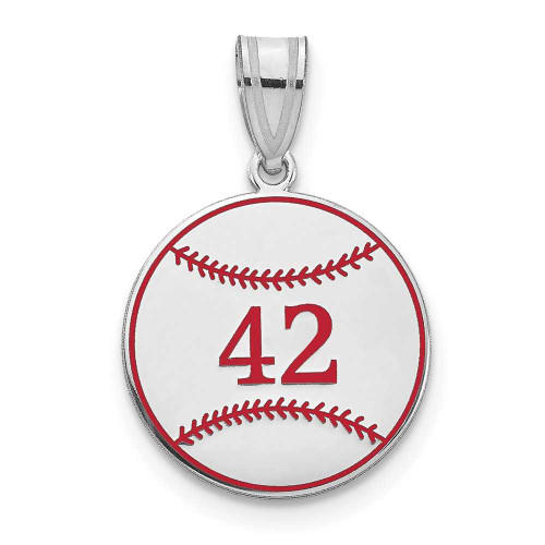Image of Rhodium-plated Sterling Silver & Red Enamel Personalized Baseball Number Pendant