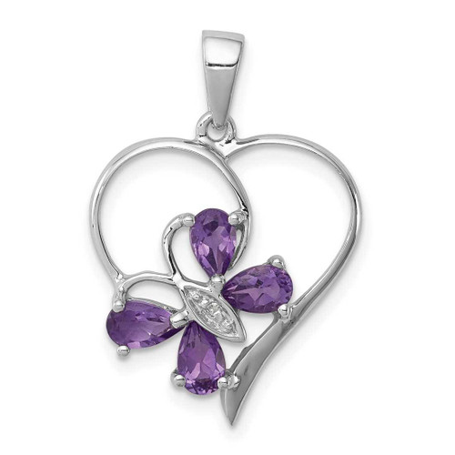 Image of Rhodium-Plated Sterling Silver Amethyst & Diamond Butterfly Heart Pendant