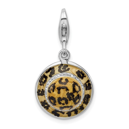 Rhodium-Plated Sterling Silver Click-On CZ Enamel Leopard Hat Charm