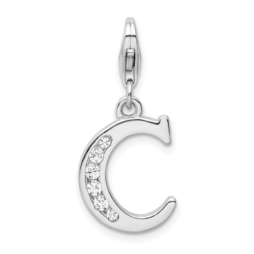 Rhodium-Plated Sterling Silver CZ Letter C w/ Lobster Clasp Charm QCC104C