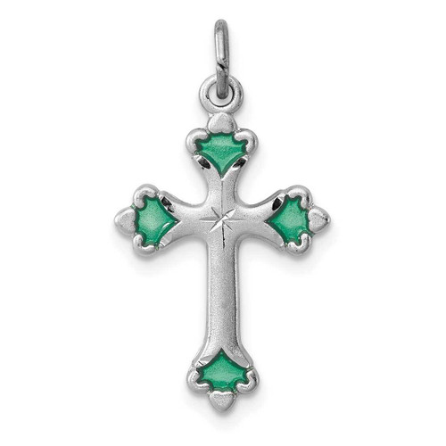 Image of Rhodium-Plated Sterling Silver Green Enameled Budded Cross Charm
