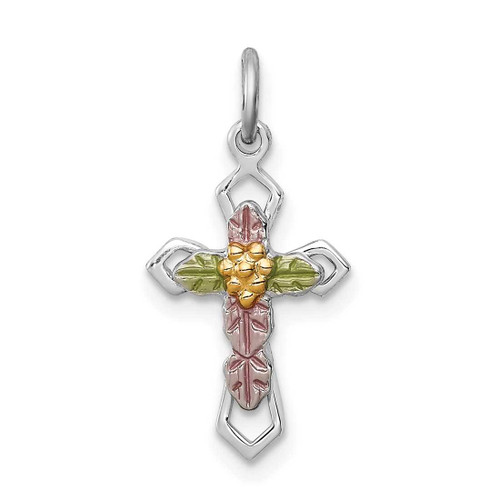 Image of Rhodium-Plated Sterling Silver Polished Epoxy Yellow-Finish Cross Pendant QC7922