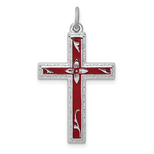 Rhodium-Plated Sterling Silver Red Enameled Cross Pendant