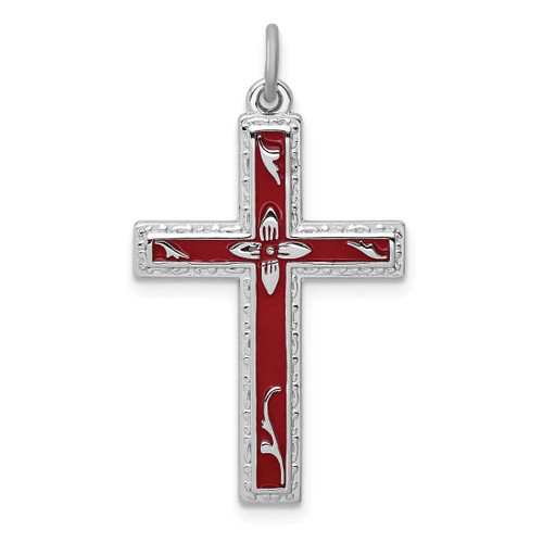 Image of Rhodium-Plated Sterling Silver Red Enameled Cross Pendant