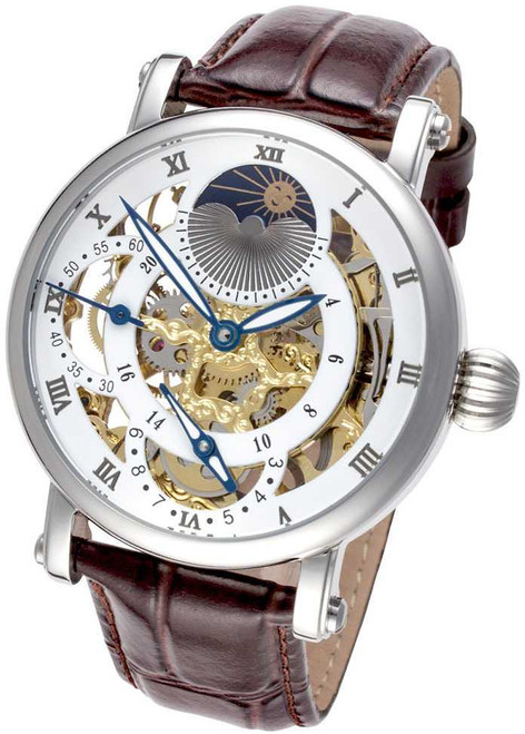 Image of Rougois Silver Case Dual Time Zone with White Accents Moonphase Display with Brown Leather Band