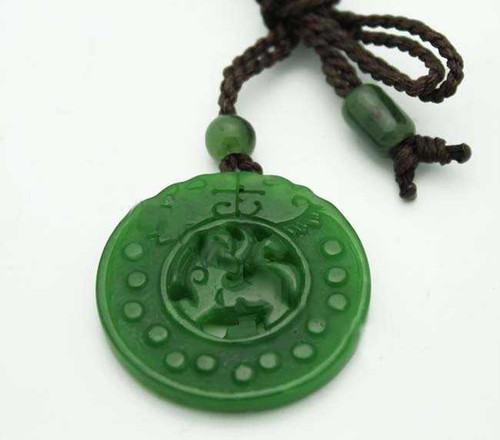 Image of Round Carved Genuine Natural Nephrite Jade Pendant Cord Necklace