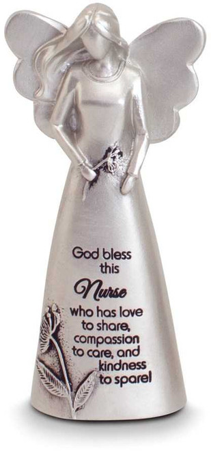 Image of Silver-tone Enamel Bless This Nurse Angel Figurine Boxed