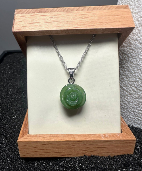 Natural Untreated Silver-Tone Nephrite Jade Rose Pendant