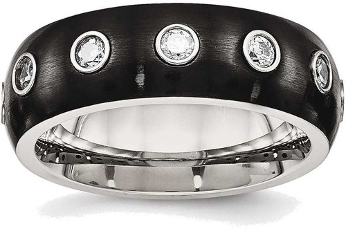 Image of Stainless Steel Brushed and Polished Black IP CZ Half Round Ring