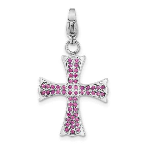 Image of Stainless Steel Polished Red CZ Cross with Lobster Clasp Charm