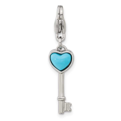Image of Stainless Steel Polished Simulated Turquoise Heart Key with Lobster Clasp Charm