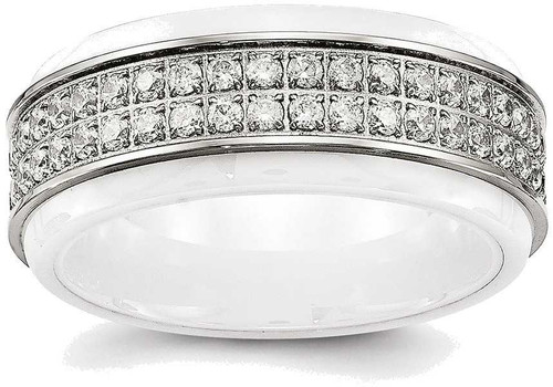 Image of Stainless Steel Polished White Ceramic CZ Ridged edge Ring