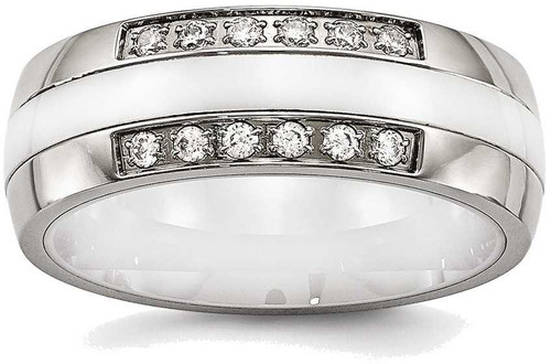 Image of Stainless Steel Polished White Ceramic CZ Ring