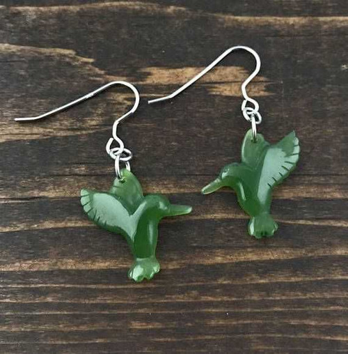 Image of Sterling Silver & Genuine Natural Nephrite Jade Hummingbird Earrings