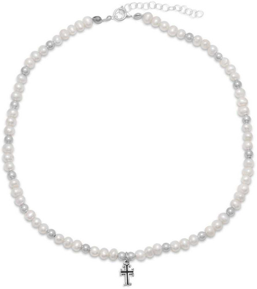Image of Sterling Silver 13" +2" Cultured Freshwater Pearl and Bead Necklace with Cross Drop