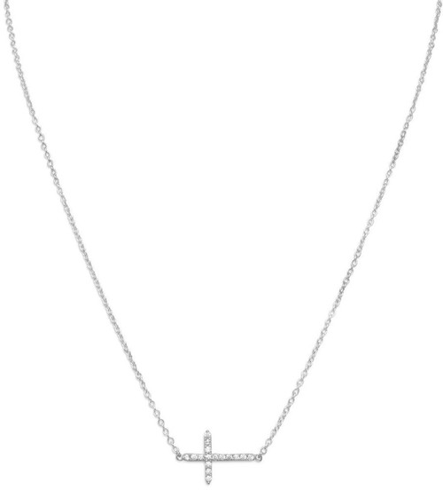 Image of Sterling Silver 16" + 2" Rhodium-plated CZ Sideways Cross Necklace