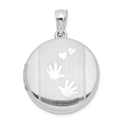 Image of Sterling Silver 20mm Grooved&Polished Handprints & Hearts Round Locket Pendant