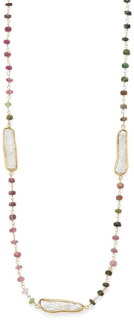 Sterling Silver 24" Gold-plated Tourmaline and Cultured Freshwater Pearl Necklace
