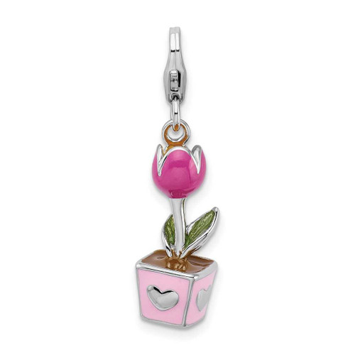 Image of Sterling Silver 3-D Pink Enameled Potted Tulip Flower w/ Lobster Clasp Charm