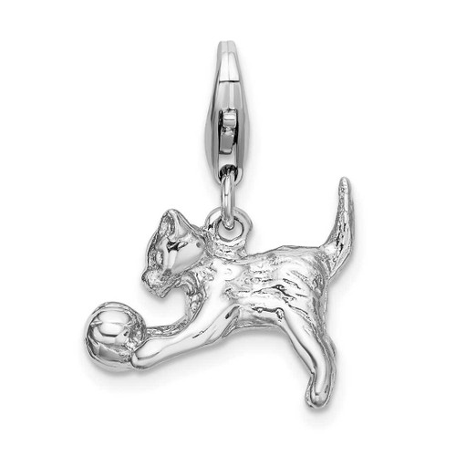 Image of Sterling Silver 3-D Polished Kitten & Ball w/ Lobster Clasp Charm