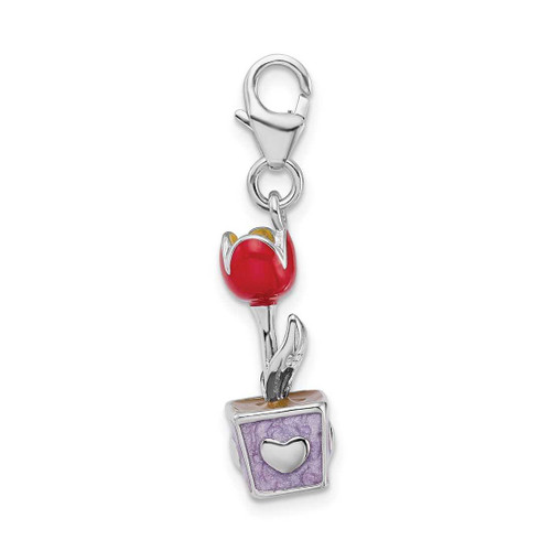 Image of Sterling Silver 3-D Red Enamel Potted Tulip Flower w/ Lobster Clasp Charm