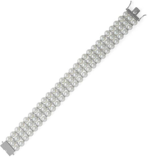 Image of Sterling Silver 8" Rhodium-plated 3 Row Simulated Pearl and CZ Bracelet