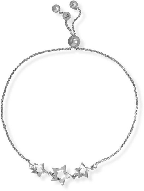 Image of Sterling Silver Adjustable Rhodium-plated 3 Star Friendship Bracelet