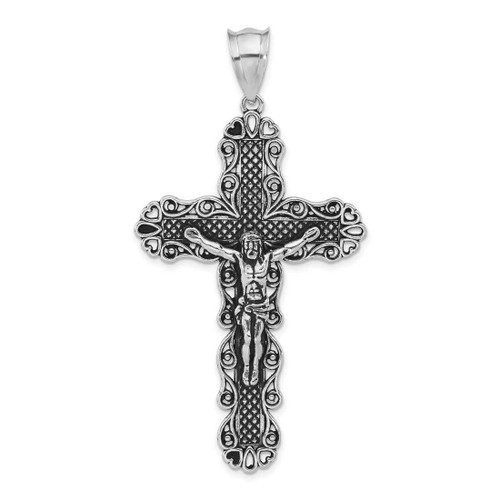 Image of Sterling Silver Antiqued & Textured Large Floral Cross w/ Jesus Pendant