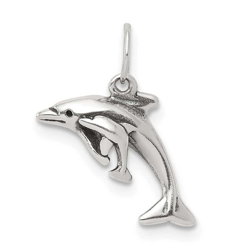 Image of Sterling Silver Antiqued Dolphin w/ Baby Charm