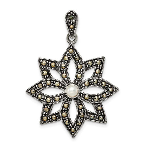 Image of Sterling Silver Antiqued Marcasite & Simulated Pearl Flower Pendant