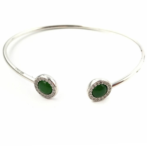 Sterling Silver Cuff Bracelet with Natural Untreated Nephrite Jade & CZ Tips