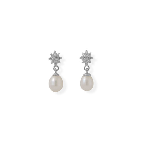 Image of Sterling Silver CZ Flower Post with Cultured Freshwater Pearl Drop Earrings