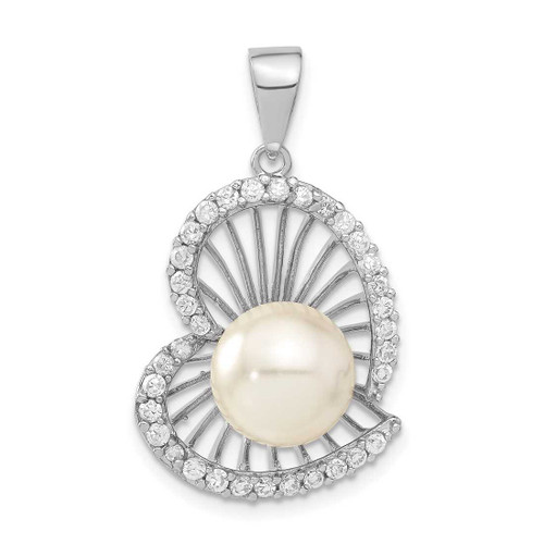 Image of Sterling Silver CZ Simulated Pearl Heart Pendant