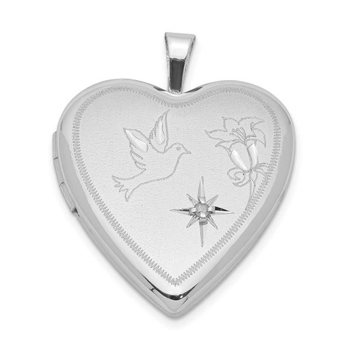 Image of Sterling Silver Diamond Shiny-Cut Dove & Flower Heart Locket Pendant