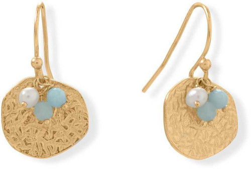 Image of Sterling Silver Gold-plated Aquamarine and Cultured Freshwater Pearl Disk Earrings