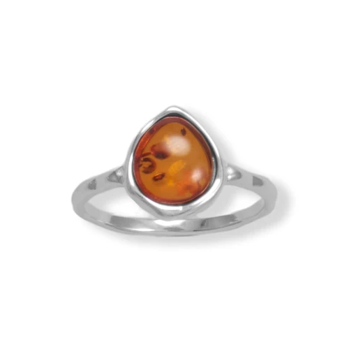 Image of Sterling Silver Hammered Pear Amber Ring