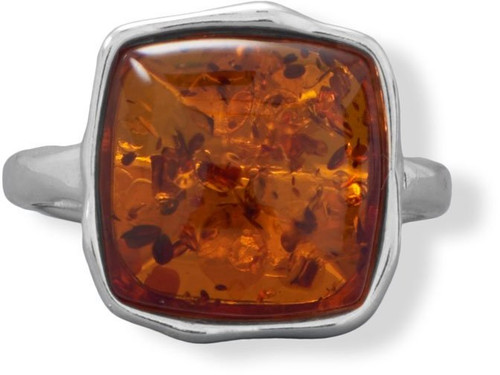 Sterling Silver Hammered Square Amber Ring