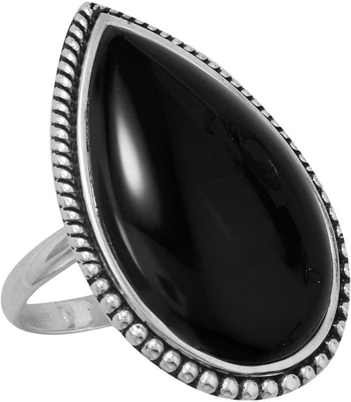 Sterling Silver Large Black Onyx with Beaded Edge Ring