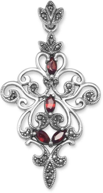 Image of Sterling Silver Ornate Marcasite and Garnet Pendant