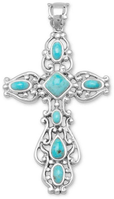 Image of Sterling Silver Ornate Oxidized Simulated Turquoise Cross Pendant